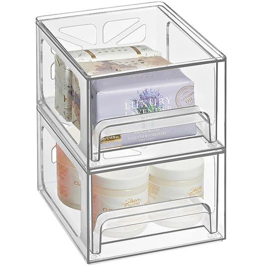 Clear Stackable Storage Drawers - 2-PACK - Acrylic Plastic Organizer Drawer for Bathroom Vanity Cabinet, Kitchen Countertop, Small Office Organization. Easily Organize All Cosmetic Makeup Supplies.