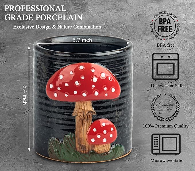 Mushroom Kitchen Utensil Holder For Countertop Ceramic Utensil Holder For Kitchen Counter Large Cooking Utensil Utensil Crock Holder Spatula Holder Utensil Organizer For Countertop