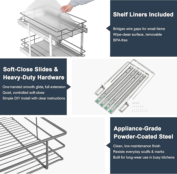 2 Tier Pull Out Cabinet Organizer - 23" W x 22" D Soft Close Slide Out Shelves with Shelf Liners - Pullout Drawers for Kitchen Cabinets, Pantry, Bathroom, Heavy Duty Steel Wire Baskets