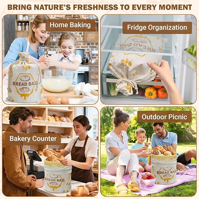 Extra Large Cotton Beeswax Bread Bags with Drawstring Closure (1 Pack) Reusable Bread Bags for Sourdough, Freshness Preservation, Freezer-Safe Food Storage for Gifts (19.7x13.4 Inch)