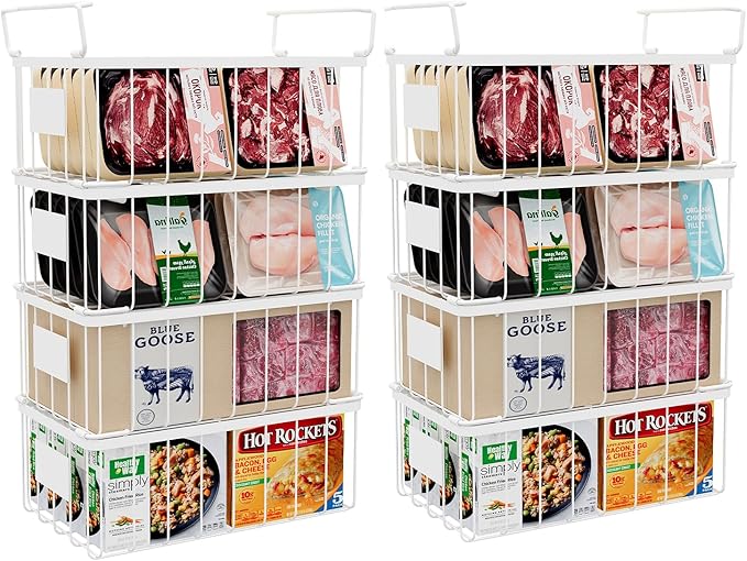 lonpute Freezer Organizer Bins -8 Pack Stackable Chest Freezer Organizer Baskets With Tag, For Kitchen, Cabinets, Cupboards, Counter Top, Freezer, Pantry. White
