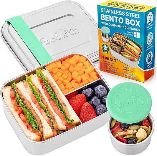 EcoEarth Stainless Steel Bento Box - 27 oz - Leakproof Metal Lunch Boxes for Adults with 3 Compartments - Small Tin Food Containers with Condiment Cups - Snack Box for Work - Green