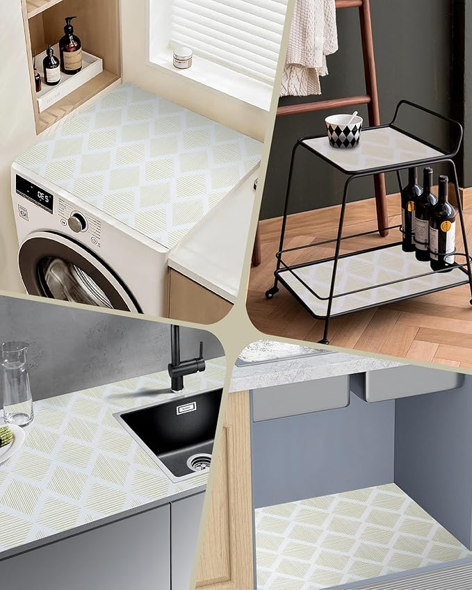 Drawer and Shelf Liner for Kitchen, Non-Slip Non-Adhesive Cabinet Liners for Cupboard, Dresser, Shelves, Tool Box, Pantry, Thickened Easy Install, Strong Grip, Yellow&White, 17.5in x 10FT