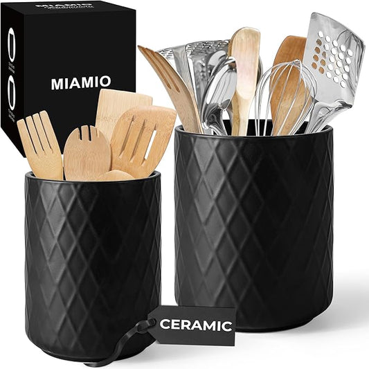 MIAMIO – Kitchen Utensil Holder Ceramic/Kitchen Organizer Set, Farmhouse Decor for Organizing Countertop and Storing Cutlery, Cooking Spoons, and Accessories - Palmanova Collection (Black)