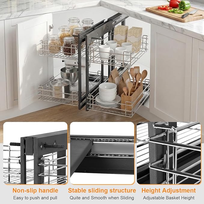 Left & Right Blind Corner Cabinet Organizer 2 Tier Wire Bottom Storage Basket 4 Shelves Conseal Corner Pull Out Shelf for Bowls Dishes Seasoning Bottle