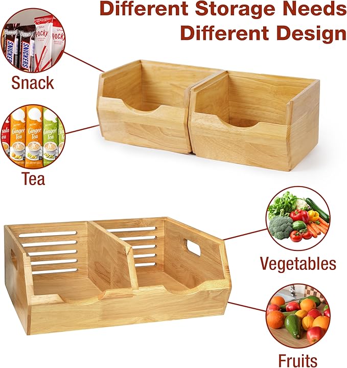 HOMESTEAD Wood Pantry Organizers Bins – Stackable Storage, Rustic Pantry Potato and Onion Storage with Unique Natural Grain, Wooden Basket with Handles, Set of 3 Pieces
