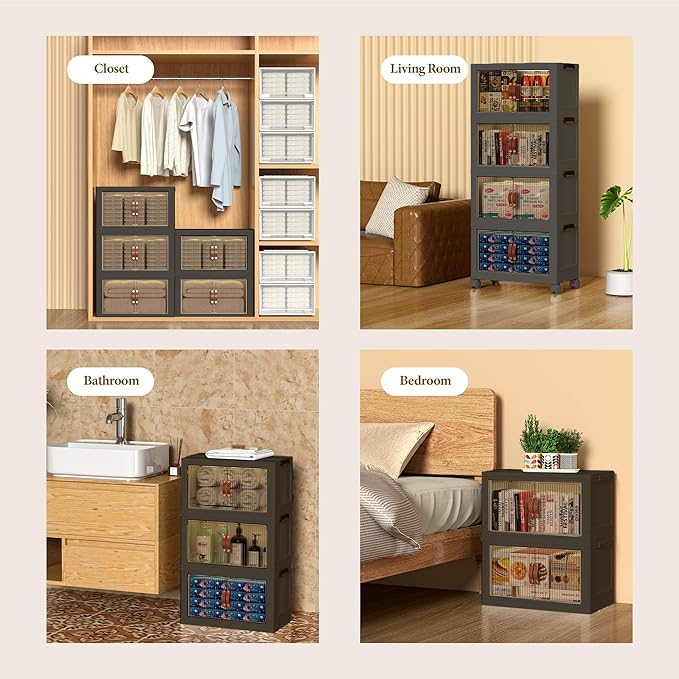 ONAIL Stackable Storage Bins with Lids and Wheels - Plastic Collapsible Closet Organizer and Storage Box with Drawers & Clear Door Foldable Cabinet Storage for Clothes, Dorm, Bedroom