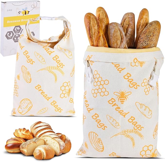 Beeswax Bread Bags for Sourdough 17in*12in Sealed Bag Reusable Cotton Beeswax Bag for Homemade Bread Freezer-Friendly Freshness Preservation with Snap Closure 2 Pack (Orange Pattern)