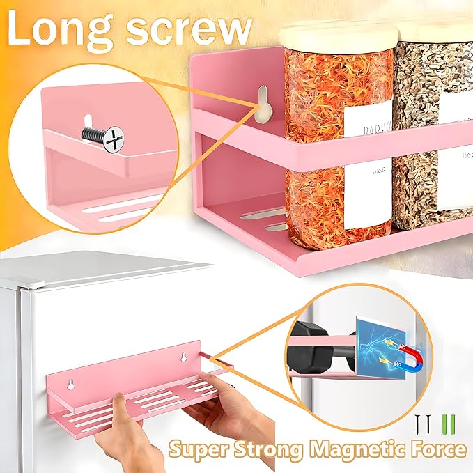 SMRCAD Magnetic Spice Rack for Refrigerator Seasoning Organizer for Spice Fridge Shelf storage Magnetic Shelf with Hook for Oven(4pack-Cut out-Pink)