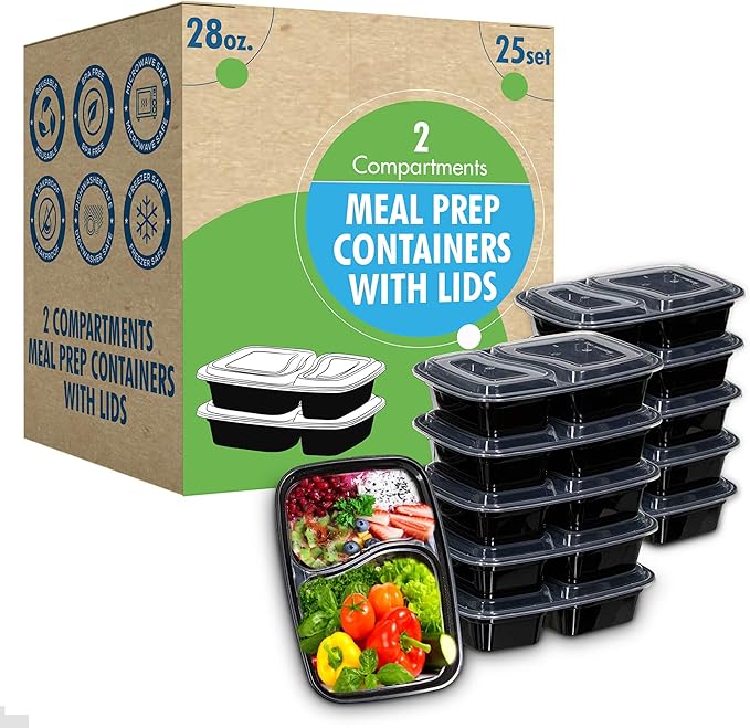 SafeWare Meal Prep Container Reusable 2 Compartment With Lids 28oz (25 Sets)- Food Prep Containers, Food Storage Bento Box | Stackable | Microwave | Dishwasher | Freezer Safe.