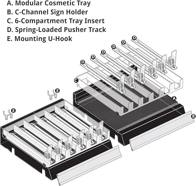 Azar Displays 225830-6COMP-BLK 6 Compartment Divider Bin Cosmetic Tray with Pushers - 6 Slots per Tray, 2-Pack, Black