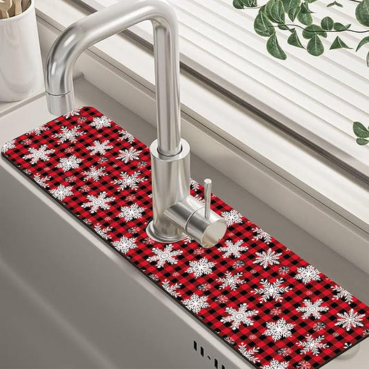 Christmas Snowflake Kitchen Sink Splash Guard Mat Buffalo Plaid Absorbent Fast Drying Mat Faucet Draining Mat Sink Splash Guard Behind Faucet Drip Catcher for Kitchen Bathroom 5.5"×24"