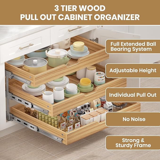 ROOMTEC 3 Tier Pull Out Cabinet Organizer, Heavy-Duty Pull Out Drawer, Slide Out Wood Shelf for Cabinets, Base Cabinet Organization for Pantry, Bathroom (27" Wx21 D)