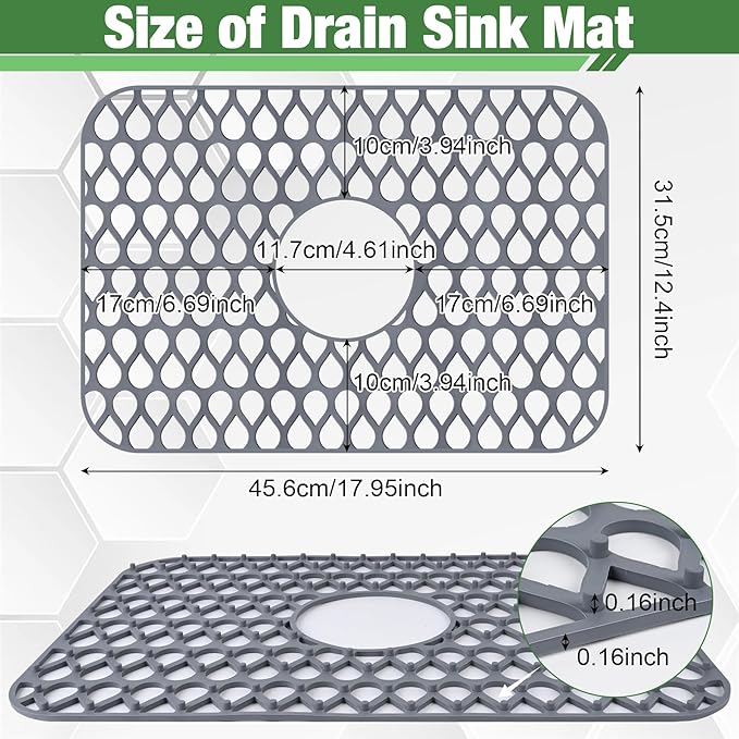 Sink Protectors Mat - 17.95"x12.4" Kitchen Sink Pad for Bottom of Basin for Protection of Stainless Steel and Tableware, Farmhouse Rubber Basin Mat Protector with Center Drain - Light Gray