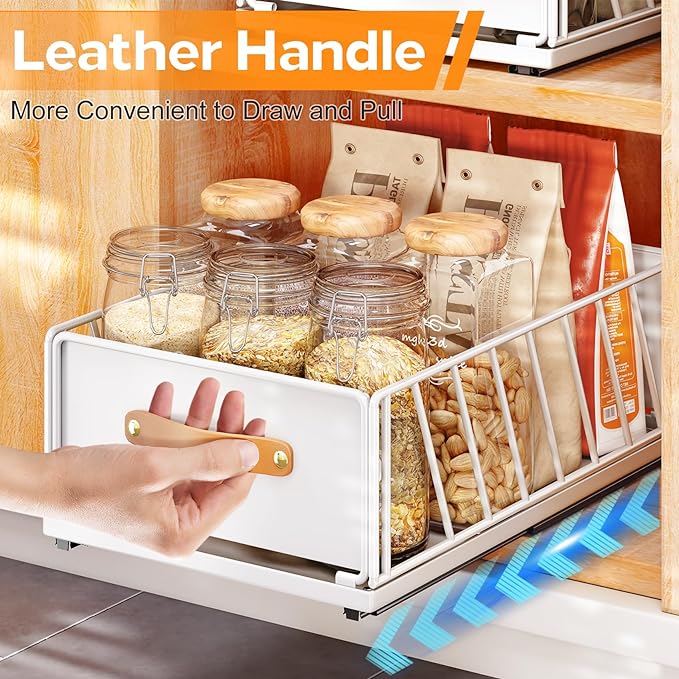 Pull out Cabinet Organizer Fixed with Adhesive Nano Film,Heavy Duty Slide out Pantry Shelves Drawer Storage,Sliding Mesh Cabinet Basket with Handle for Kitchen, Bathroom,Home, 9.8"W X 15.7"D X 6.2"H