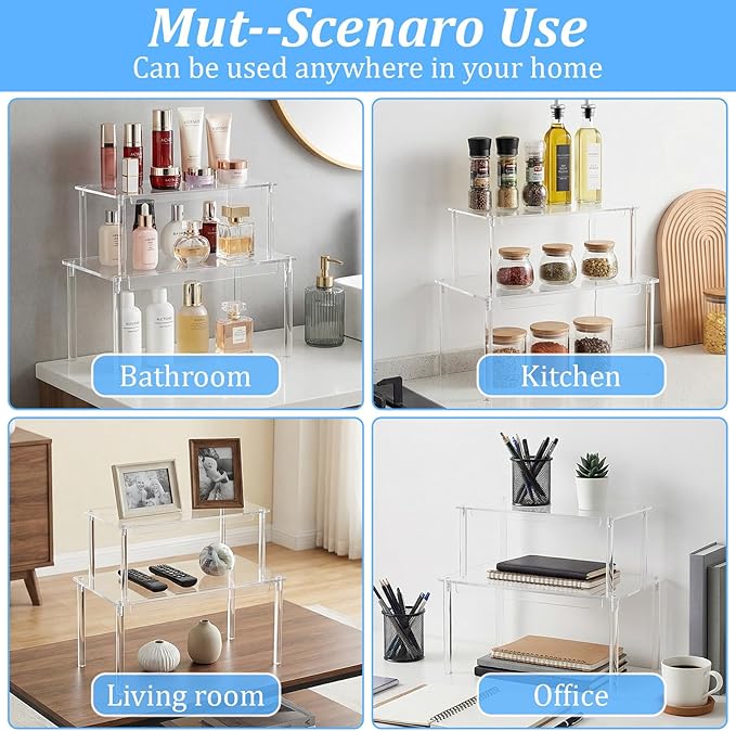 Clear Acrylic Cabinet Organizer, Set of 4 Stackable Shelf Risers, Spice Rack for Kitchen Pantry Storage, Countertop and Desk Organizer, House Essential Gift