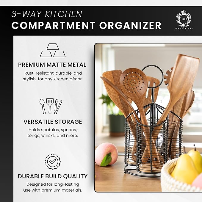 360° Rotating Utensil Holder with 9-Piece Acacia Wood Utensil Set - 100% Plastic-Free Kitchen Organizer - Large 3 Compartment Metal Countertop Crock for Spatulas & Cooking Tools (Black)