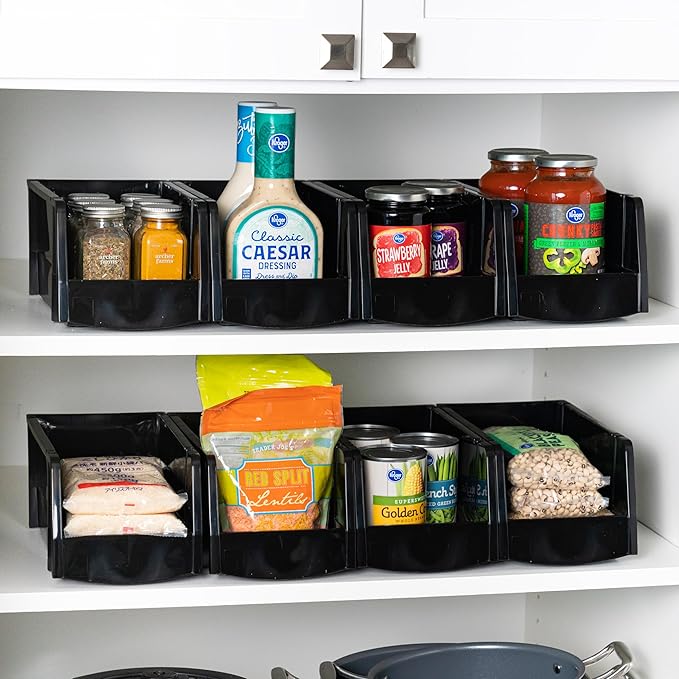 IRIS USA Medium Stackable Storage Bins, 4-Pack, 11"L x 6"W x 5"H, |Made in USA|, Plastic Open Front Shelf Bin for Organizing Parts, Hardware, Tools, Supplies, Garage Shelf, Pantry - Black