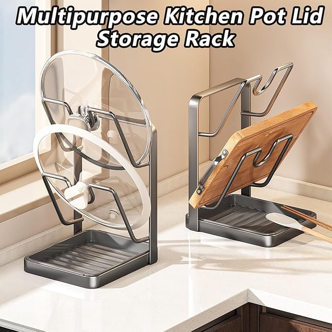 Kitchen Pot Lid Storage Rack, 304 Stainless Steel Pot Lid Holder While Cooking, Lids And Spoon Rest, Cutting Board Holder With Removable Tray, Pots Cover Organizer For Countertop (Begie, Single)