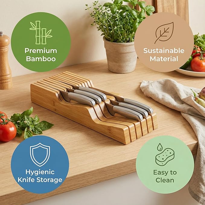 Culinary Edge Bamboo In-Drawer Knife Block Organizer | Space-Saving Knife Drawer Insert for Safe Blade Storage | Eco-Friendly Bamboo Knife Organizer for Kitchen Drawers