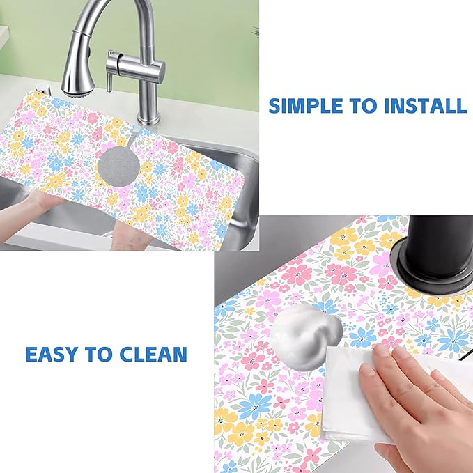 Retro Floral Cute Wildflowers Dish Drying Mat for Kitchen Sink Splash Guard Behind Faucet Sink Mat Absorbent Fast Drying Faucet Draining Mat for Bathroom Kitchen 5.5"×15"