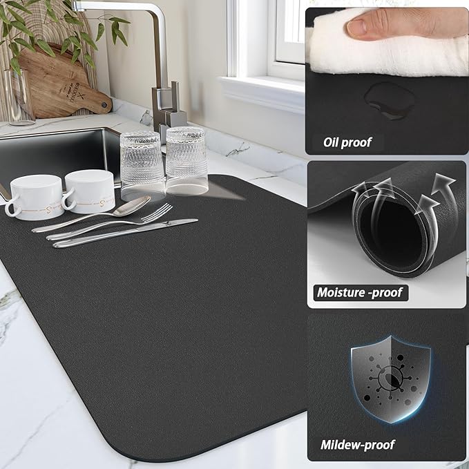 Dish Drying Mat for Kitchen Counter, Heat Resistant Drainer Mats with Non-slip Rubber Backed, Hide Stain Kitchen Super Absorbent Draining Mat, Easy to Clean Dish Rack Pad, Black 16"x18"