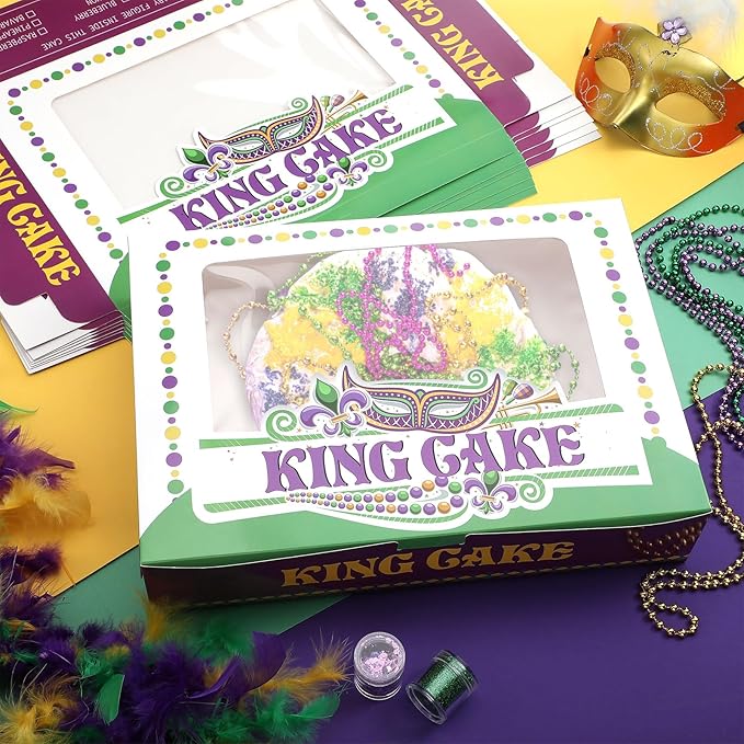 Ctosree 24 Pcs Mardi Gras King Cake Boxes with Window 14 x 10 x 3 Inches Cake Box Rectangle Cake Box Masquerade Party Goodie Gable Boxes for Mardi Gras Cake Decorating Supplies (Square Skylight)