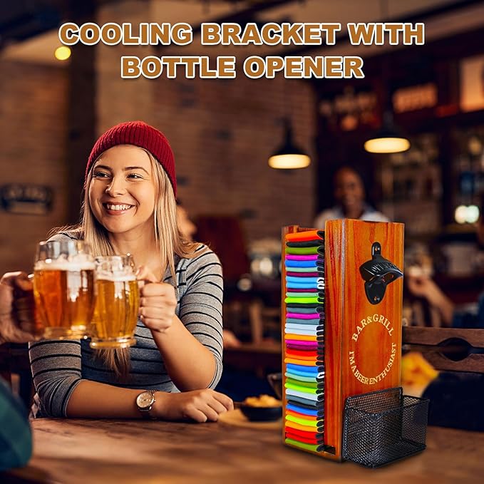 3-in-1 Can Cooler Holder with Bottle Opener - Wooden Beer Can Sleeves Organizer & Dispenser - Wall Mounted Beer Can and Bottle Cooler Storage - Ideal for Home Bars and Parties(Wood)