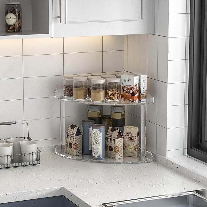 2 Tier Acrylic Corner Shelf Organizer Storage 9.5x9.5x8 Inch, Transparent Countertop Corner Shelf for Bathroom, Kitchen, Bedroom, Office, Study Room
