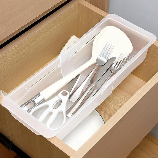 1 Pack Deep Drawer Organizer Bins, Adjustable Sliding Drawer Organizer Bin Expandable Tray for Kitchen Utensils, BBQ Tools, Towels, Durable Plastic Sliding for Easy Storage (12.4" to 18”)