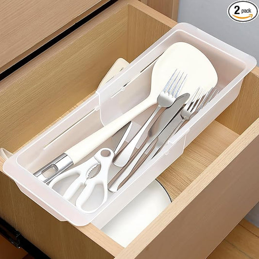 2 Pack Deep Drawer Organizer Bins, Adjustable Sliding Drawer Organizer Bin Expandable Tray for Kitchen Utensils, BBQ Tools, Towels, Durable Plastic Sliding for Easy Storage (12.4" to 18”)