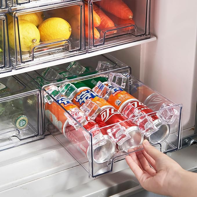 PiJeyiee 2 Pack Clear Stackable Refrigerator Organizers and Storage Drawers - Pull-Out Fridge Bins with Anti-Slip Base & Easy Clean, Plastic Organizers for Kitchen Pantry Cabinet Closet (Large)