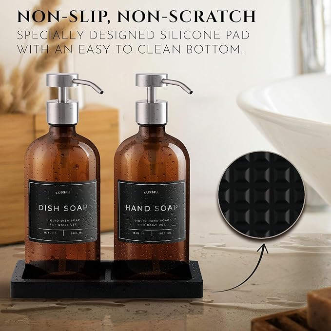 Lotion, Hand & Dish Soap Dispenser for Kitchen & Bathroom | Soap Dispenser Set of 2 16.8 Oz Glass Bottles with Stainless Steel Pump, 15 Water Proof Labels & Silicon Tray (Amber/Silver)