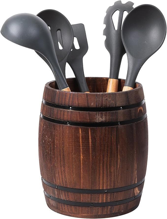 Rustic Dark Brown Wood Utensil Crock Wine Barrel Kitchen Organization Countertop Holder Black Metal Cooking Tools Culinary Gadgets Compact Storage Vintage Wooden Organizer Home Restaurant