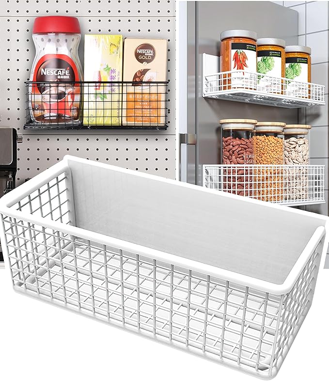 LIFEFAN Magnetic Basket Fridge Large Magnetic Pen Holder Whiteboard Metal Wire Basket Storage Item Organizer (White-High)
