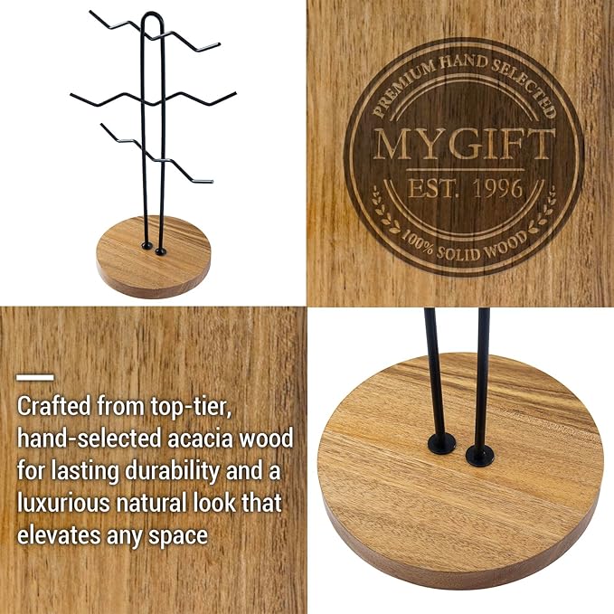 MyGift Black Metal Wire Tabletop Coffee Mug Holder with Premium Acacia Wood Base – Modern Countertop Cup Organizer Rack Stand
