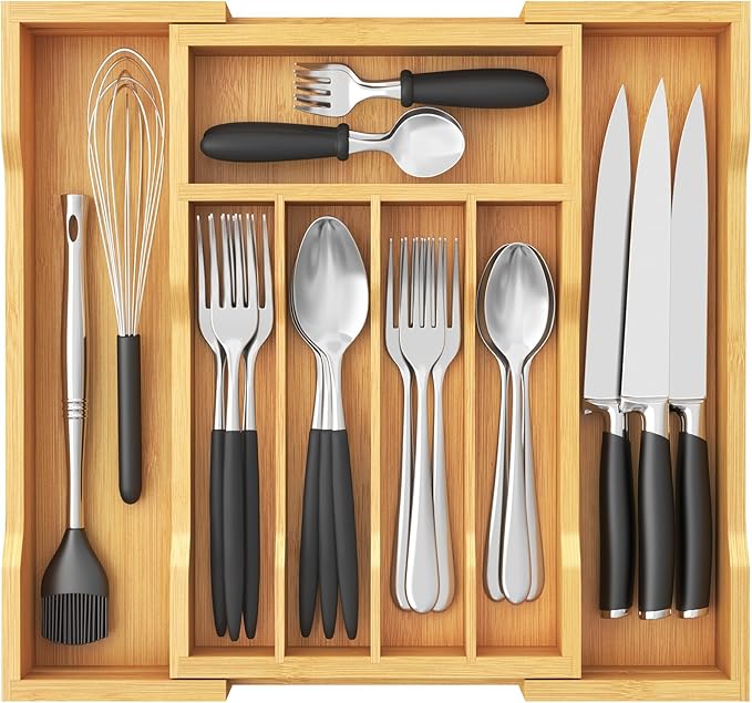 Lifewit Silverware Drawer Organizer, Expandable Utensil Tray for Kitchen, Bamboo Flatware and Cutlery Holder, Wood Adjustable Storage for Spoons Forks Knives, 9.4-15.7x13", Natural