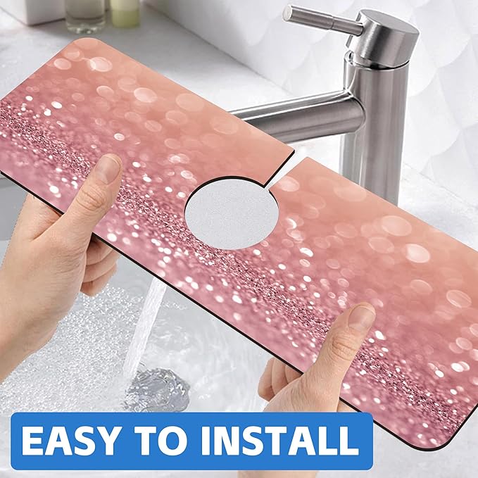 Abstract Pink Glitter Diamond Sink Faucet Absorbing Mat Sink Splash Guard Faucet Mat Draining Mat Fast Drying Sink Protectors for Kitchen and Bathroom 5.5"×15"