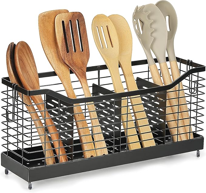Utensil Holder for Kitchen Counter, Large Stainless Steel Cooking Organizer with 4 Compartments for Kitchen Countertop, Silverware, Forks, Knives, Spoons, Cooking Tools, Cutlery Storage Rack
