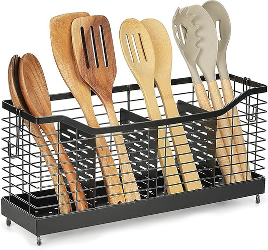 Utensil Holder for Kitchen Counter, Large Stainless Steel Cooking Organizer with 4 Compartments for Kitchen Countertop, Silverware, Forks, Knives, Spoons, Cooking Tools, Cutlery Storage Rack