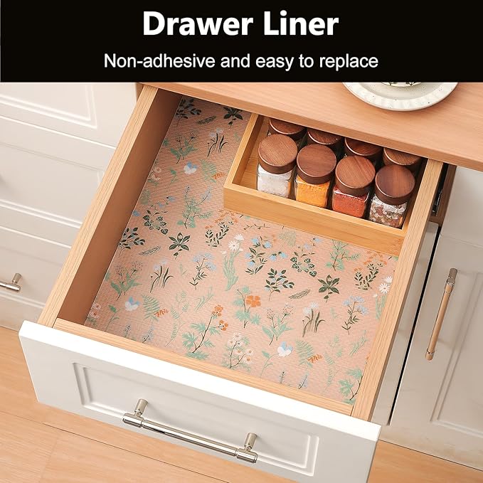 INNOLITES Shelf Liners for Kitchen Cabinets – Drawer Liner Waterproof & Oil-Proof, Non-Adhesive EVA with Floral Pattern – Durable Washable, Easy to Cut (Sage Green, 23.6" x 360")