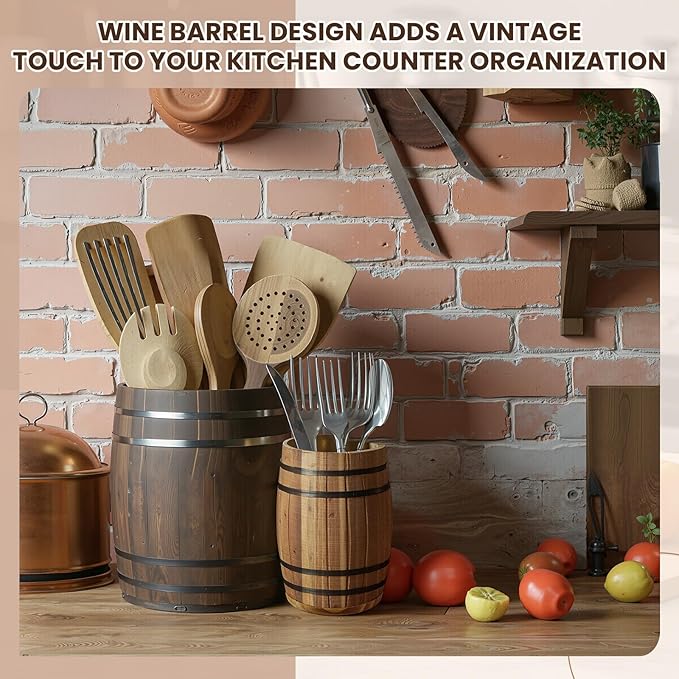 Honeydak 2 Pcs Wood Wine Barrel Kitchen Utensil Crock 7"+5.3" Vintage Rustic Burnt Cooking Tool Holder Western Wine Barrel Vase Planter Cooking Tool Holder Farmhouse Wedding Party Decoration