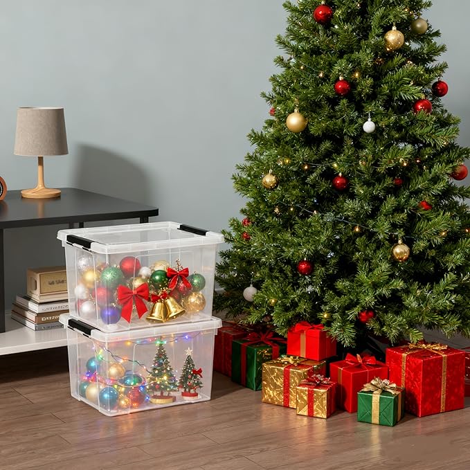 Parlynies 4 Pack 23 L Plastic Latching Storage Box with Wheels, Stackable Container Bin for Holiday Decorations and Accessories, Clear