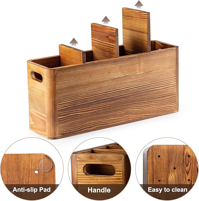 Extra Large Farmhouse Utensil Holder for Kitchen Counter, Large Wooden Utensil Holder with 4 Compartments