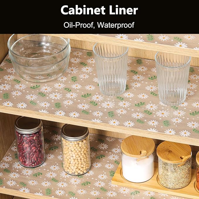 INNOLITES Shelf Liner for Cabinets, Non-Adhesive for Kitchen Drawer Liner, Waterproof Shelf Paper with Floral Pattern, Durable Easy to Clean (Green Daisy, 23.6" x 236")