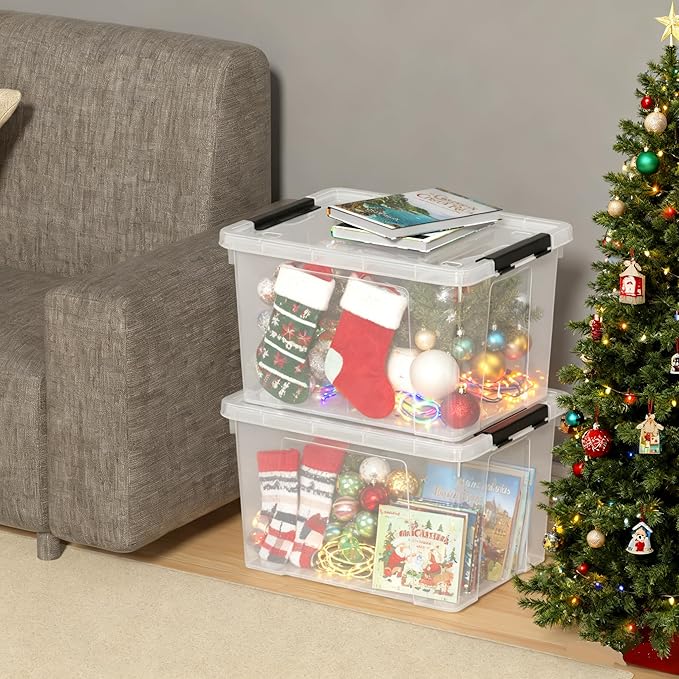 Parlynies 4-Pack 32 L Plastic Storage Box with Lid, Stackable Latch Storage Bin with Wheels, Clear