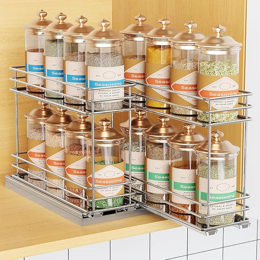 Pull Out Spice Rack Organizer for Cabinet, Slide Out Spice Racks, Easy to Install, 7.08" Wx10.43 Dx8.26 H, 2 Drawers 2 Tiers(Silver)