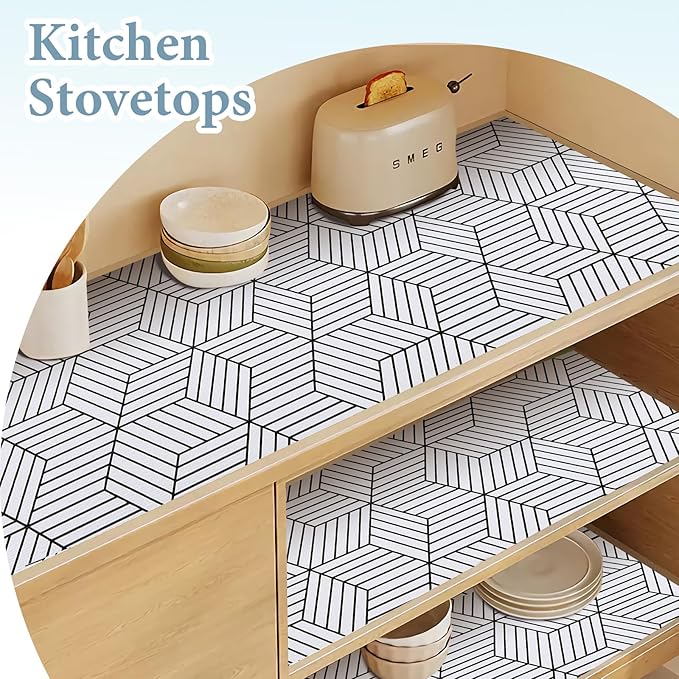 Shelf Liners for Kitchen Cabinets Non Adhesive Shelf Liner Paper Non-Slip Thickened Drawer Liner Easy to Clean for Tool Box Refrigerator with Knife and Tape Measure, Black Geometric, 17.3 x 236.2 in