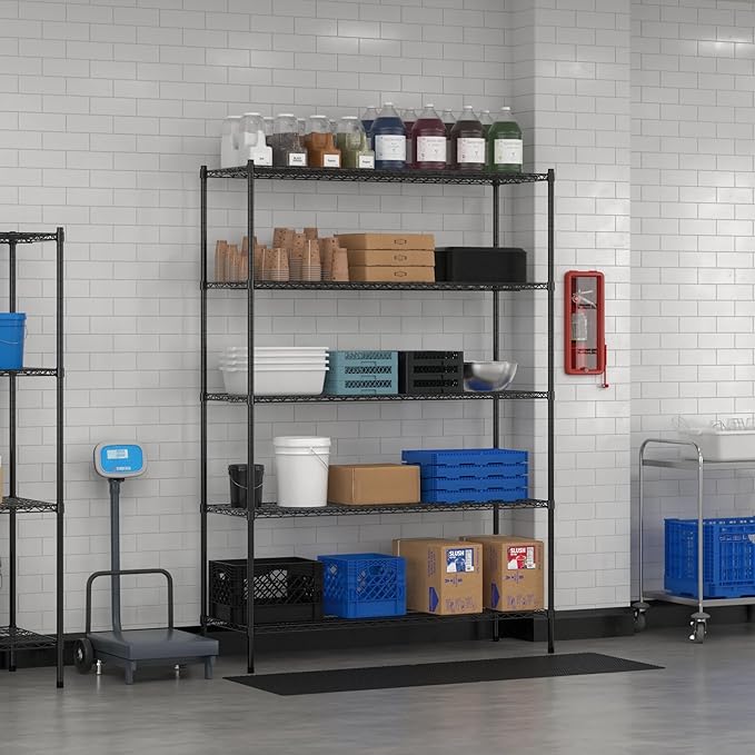 Commercial NSF Listed Black Epoxy Stationary Wire Shelving Kit 21" x 60" x 86", with 5 Shelves Perfect for Warehouse, Walk-in Refrigerator, Freezer, Grocery Store, Restaurant, Dishroom