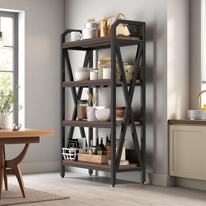 56.30'' Bakers Rack 4-Level Storage Shelves Metal and Wooden Kitchen Shelves, Kitchen Organizers and Storage, for Garage, Pantry, Bathroom, Closet (4-Tier 56.3" H x 33.5" W x 15.8" D)